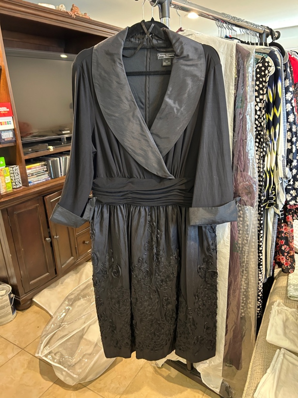 Jessica Howard Elegant Black Midi Dress with floral embellishment